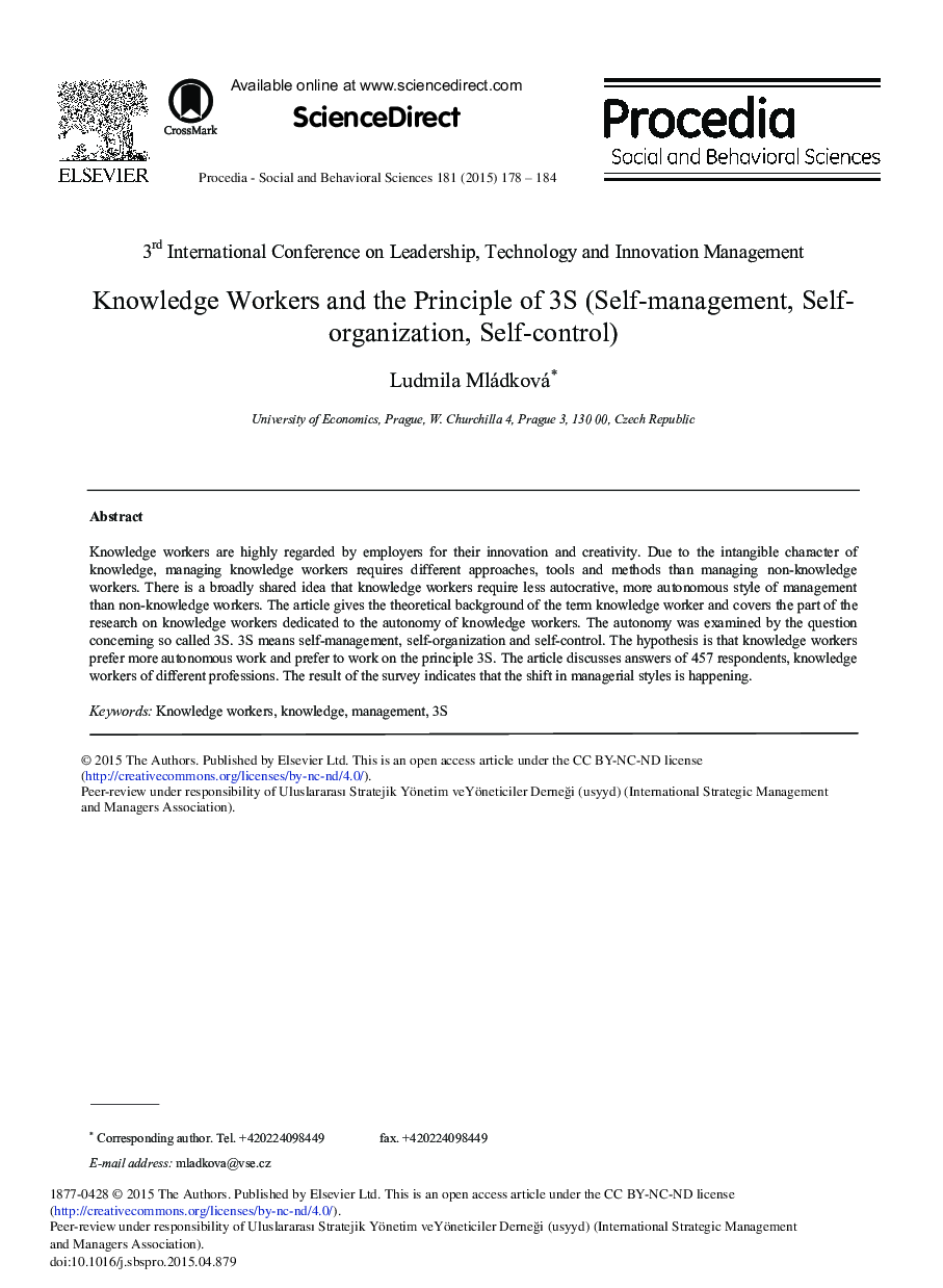 Knowledge Workers and the Principle of 3S (Self-Management, Self-organization, Self-control) 