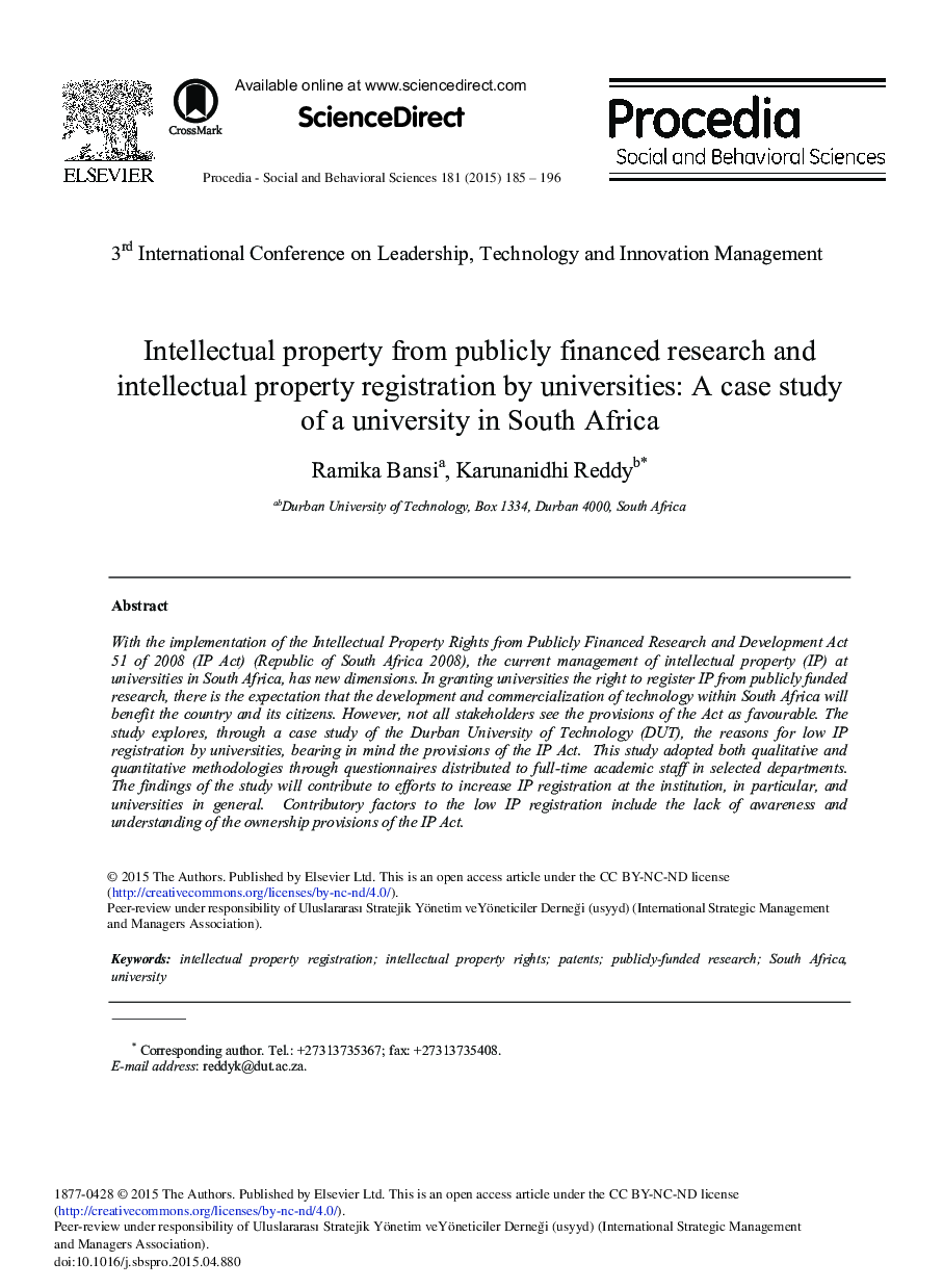 Intellectual Property from Publicly Financed Research and Intellectual Property Registration by Universities: A Case Study of a University in South Africa 