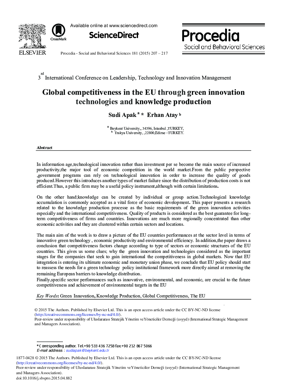 Global Competitiveness in the EU Through Green Innovation Technologies and Knowledge Production 