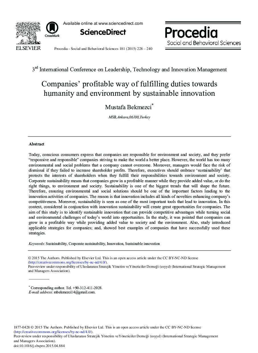 Companies’ Profitable Way of Fulfilling Duties towards Humanity and Environment by Sustainable Innovation 