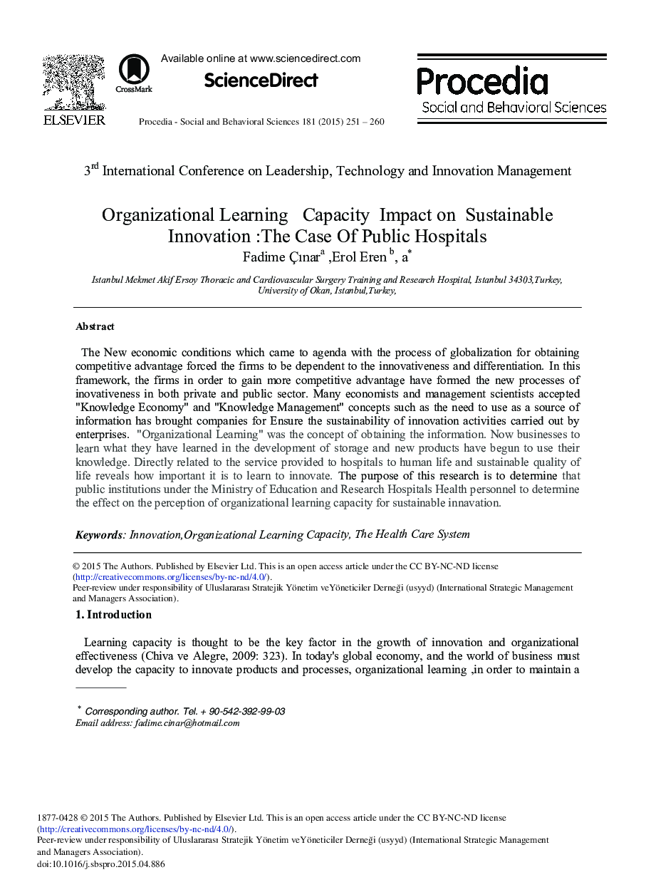 Organizational Learning Capacity Impact on Sustainable Innovation: The Case of Public Hospitals 