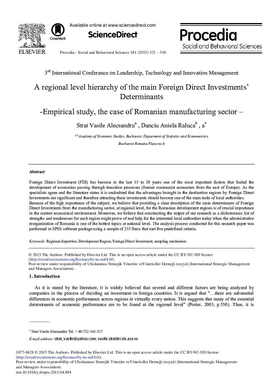 A Regional Level Hierarchy of the Main Foreign Direct Investments’ Determinants – Empirical Study, the Case of Romanian Manufacturing Sector 