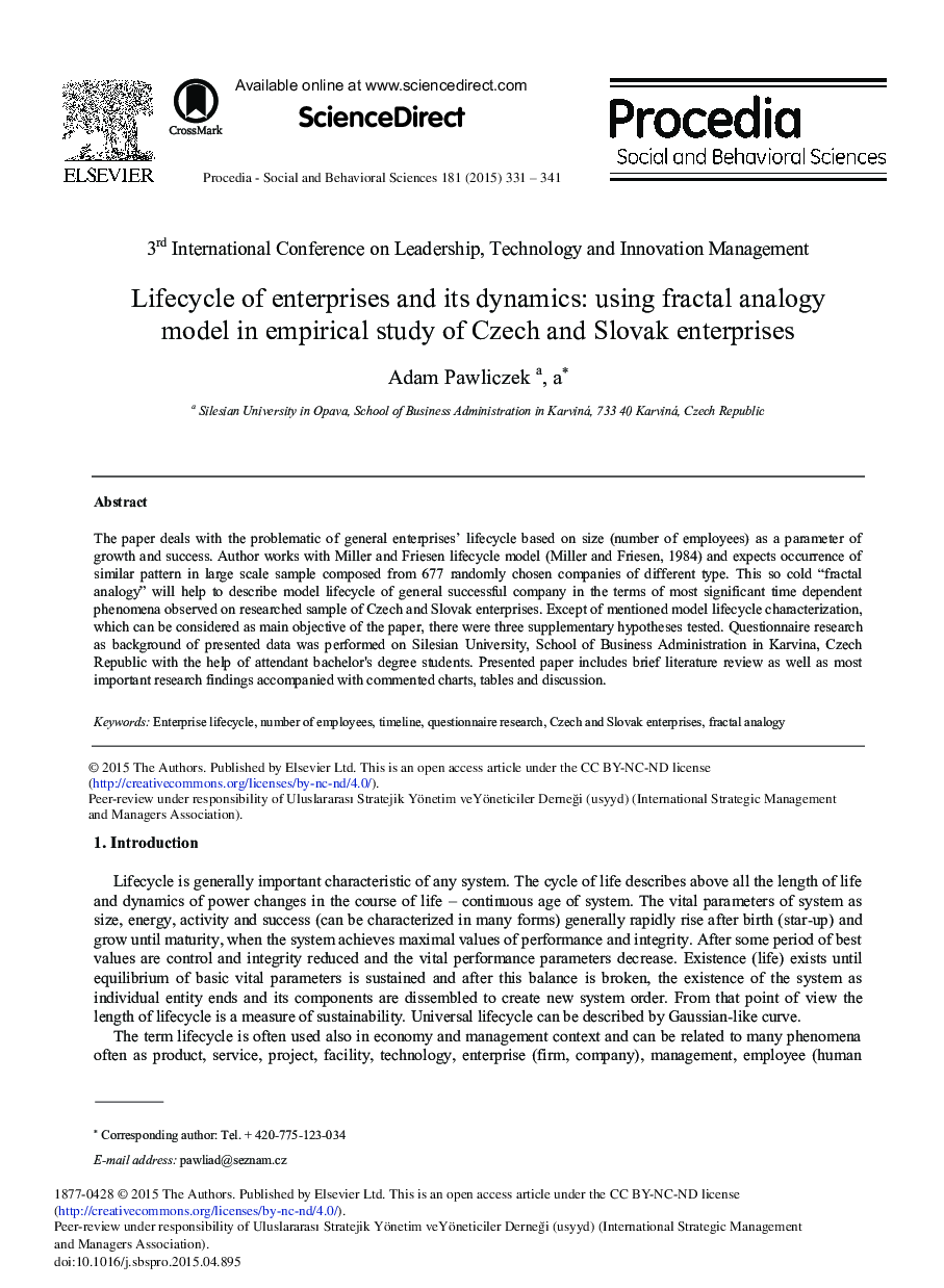 Lifecycle of Enterprises and its Dynamics: Using Fractal Analogy Model in Empirical Study of Czech and Slovak Enterprises 