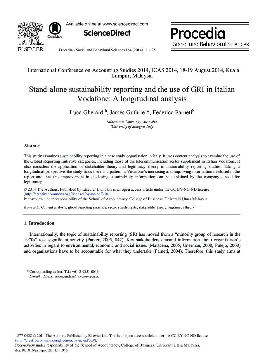 Stand-alone Sustainability Reporting and the Use of GRI in Italian Vodafone: A Longitudinal Analysis 