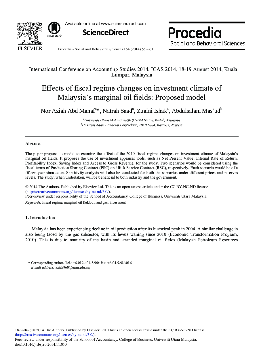 Effects of Fiscal Regime Changes on Investment Climate of Malaysia's Marginal Oil Fields: Proposed Model 