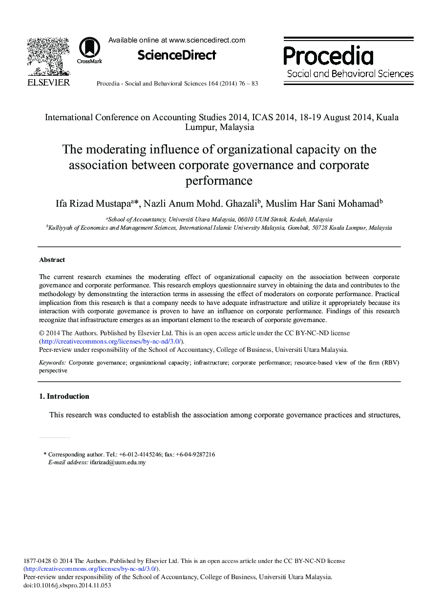 The Moderating Influence of Organizational Capacity on the Association between Corporate Governance and Corporate Performance 