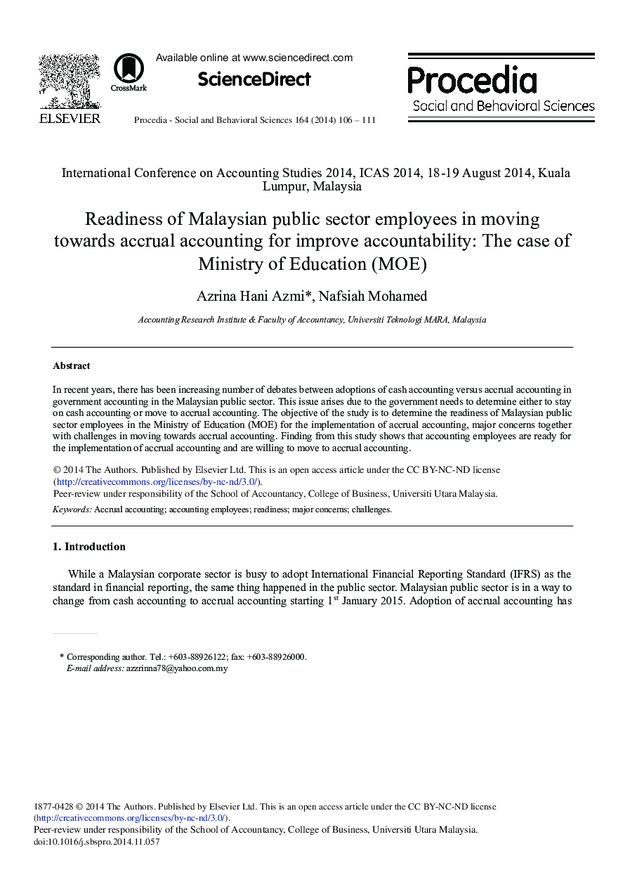 Readiness of Malaysian Public Sector Employees in Moving towards Accrual Accounting for Improve Accountability: The Case of Ministry of Education (MOE) 