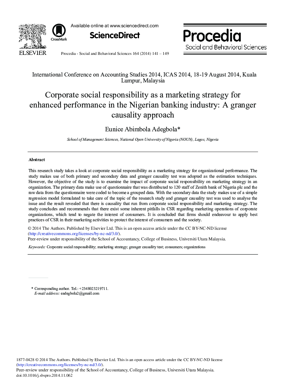 Corporate Social Responsibility as a Marketing Strategy for Enhanced Performance in the Nigerian Banking Industry: A Granger Causality Approach 