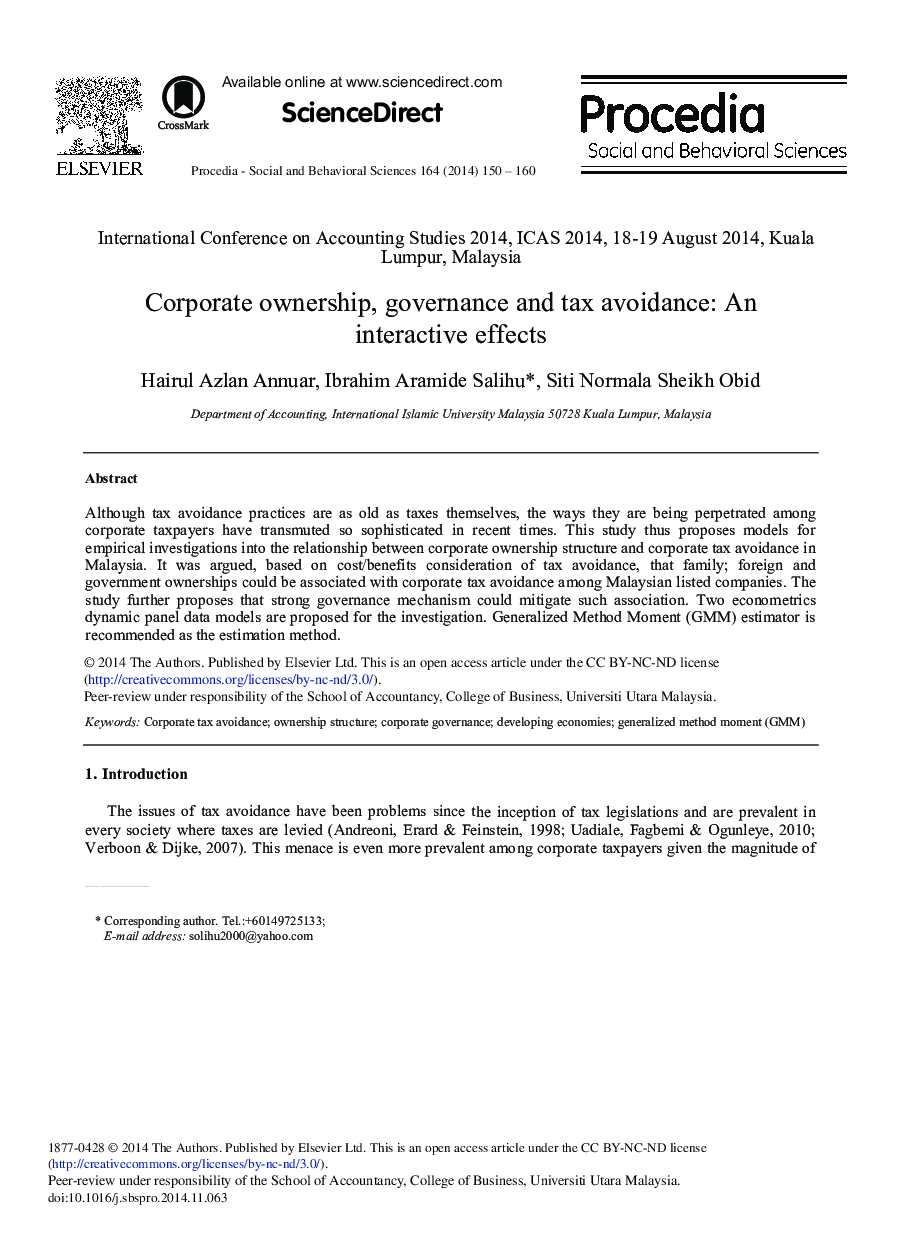 Corporate Ownership, Governance and Tax Avoidance: An Interactive Effects 