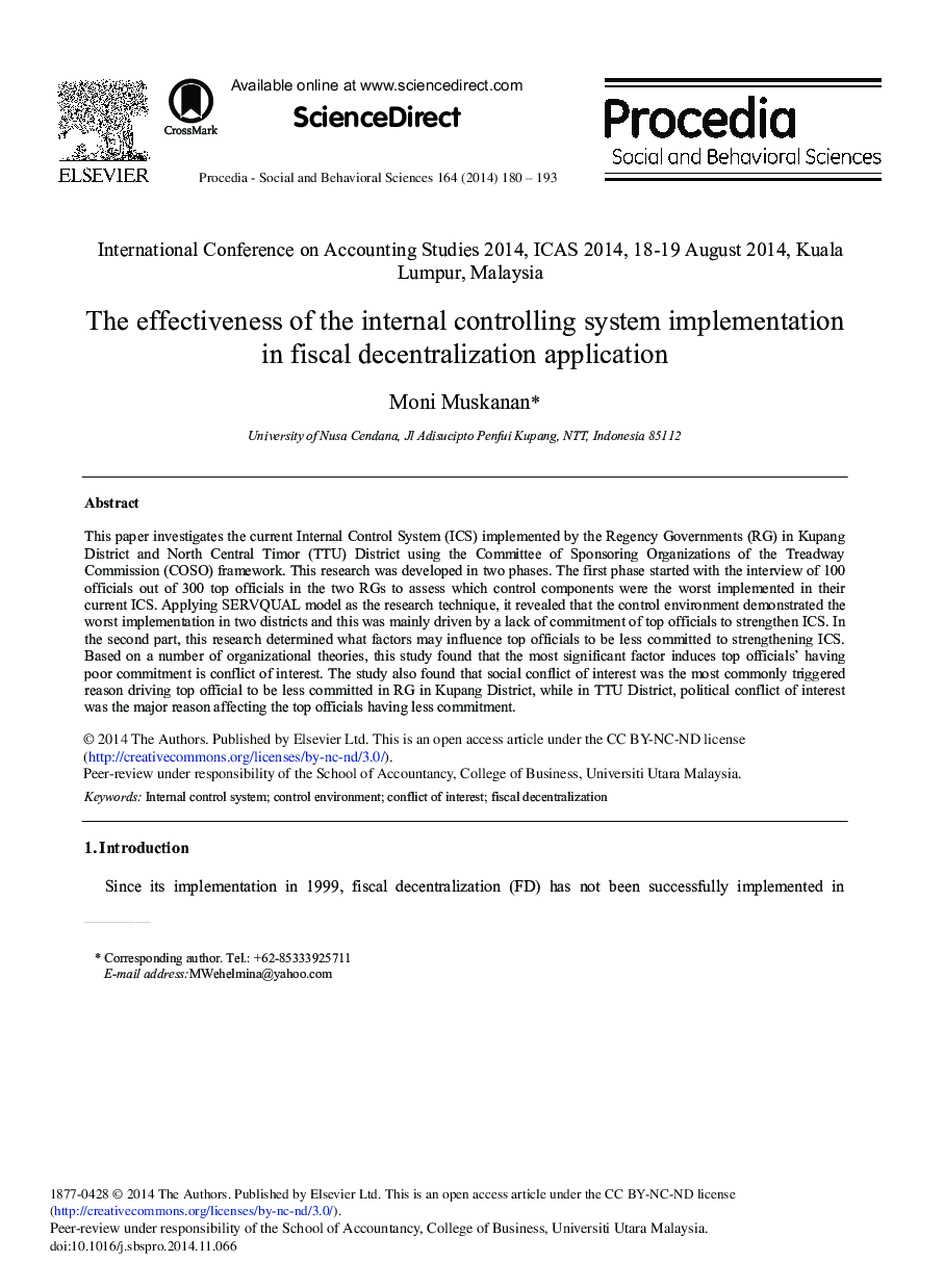 The Effectiveness of the Internal Controlling System Implementation in Fiscal Decentralization Application 