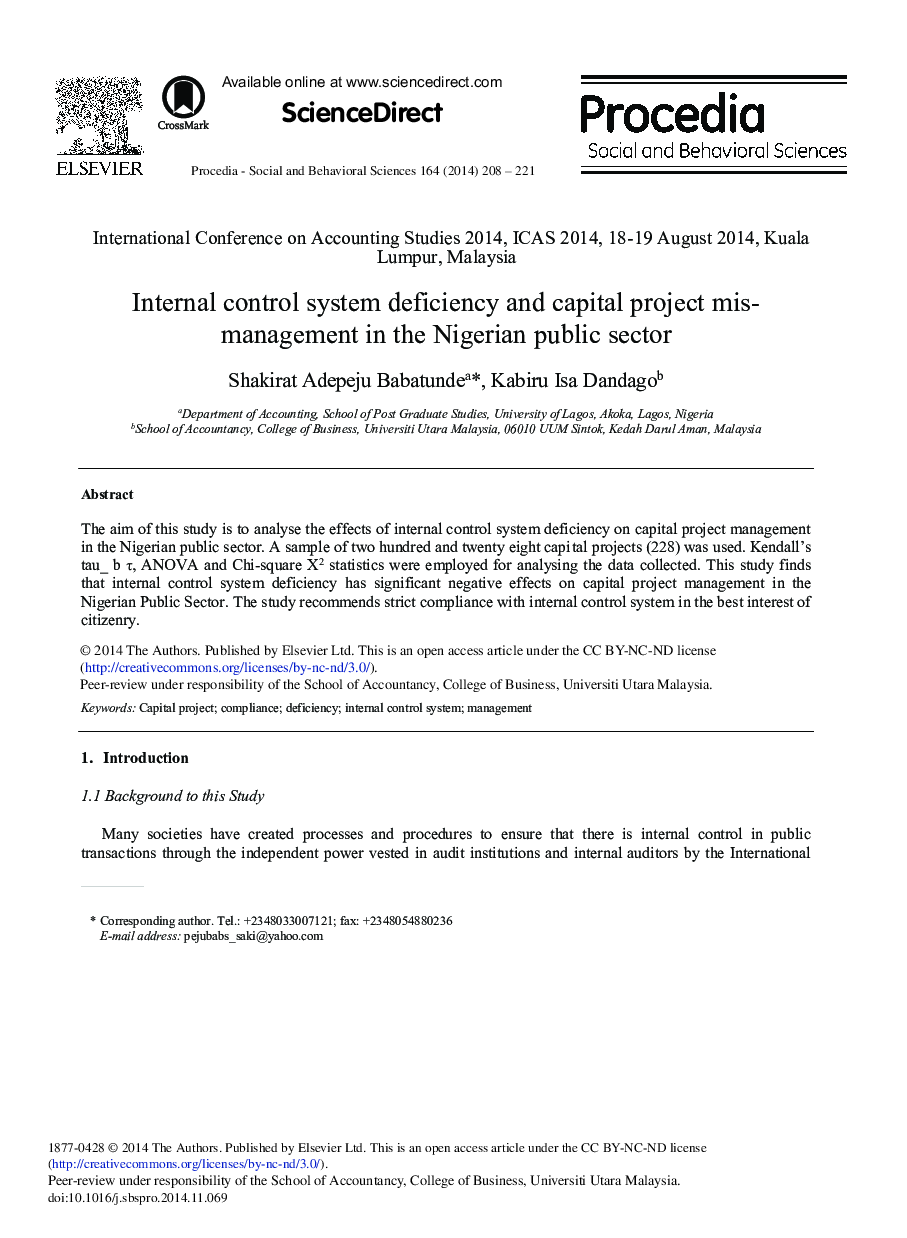 Internal Control System Deficiency and Capital Project Mis-management in the Nigerian Public Sector 