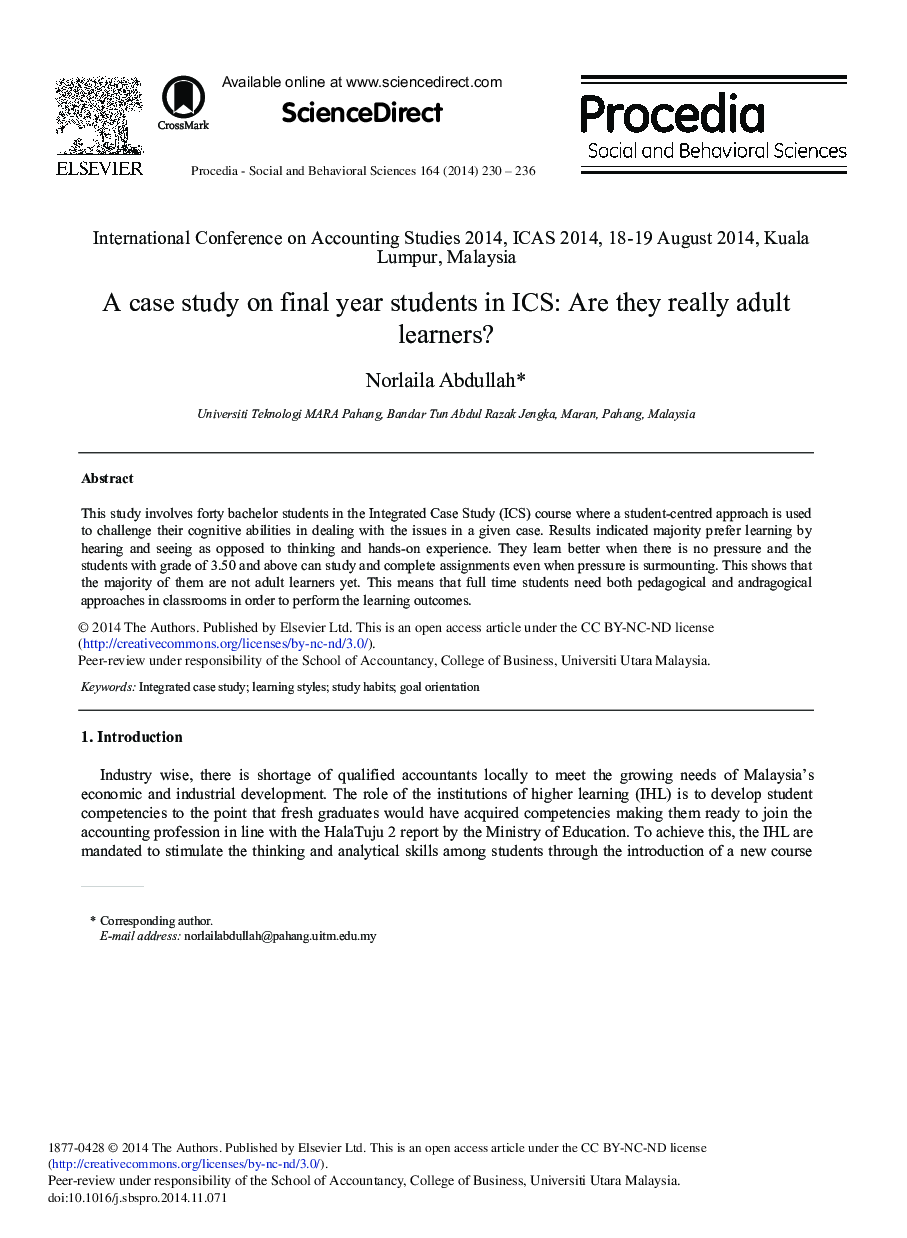 A Case Study on Final Year Students in ICS: Are they Really Adult Learners? 