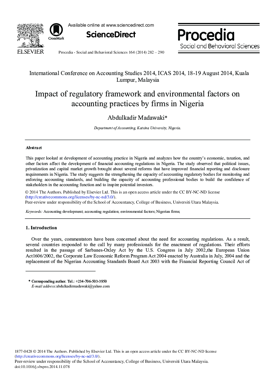 Impact of Regulatory Framework and Environmental Factors on Accounting Practices by Firms in Nigeria 