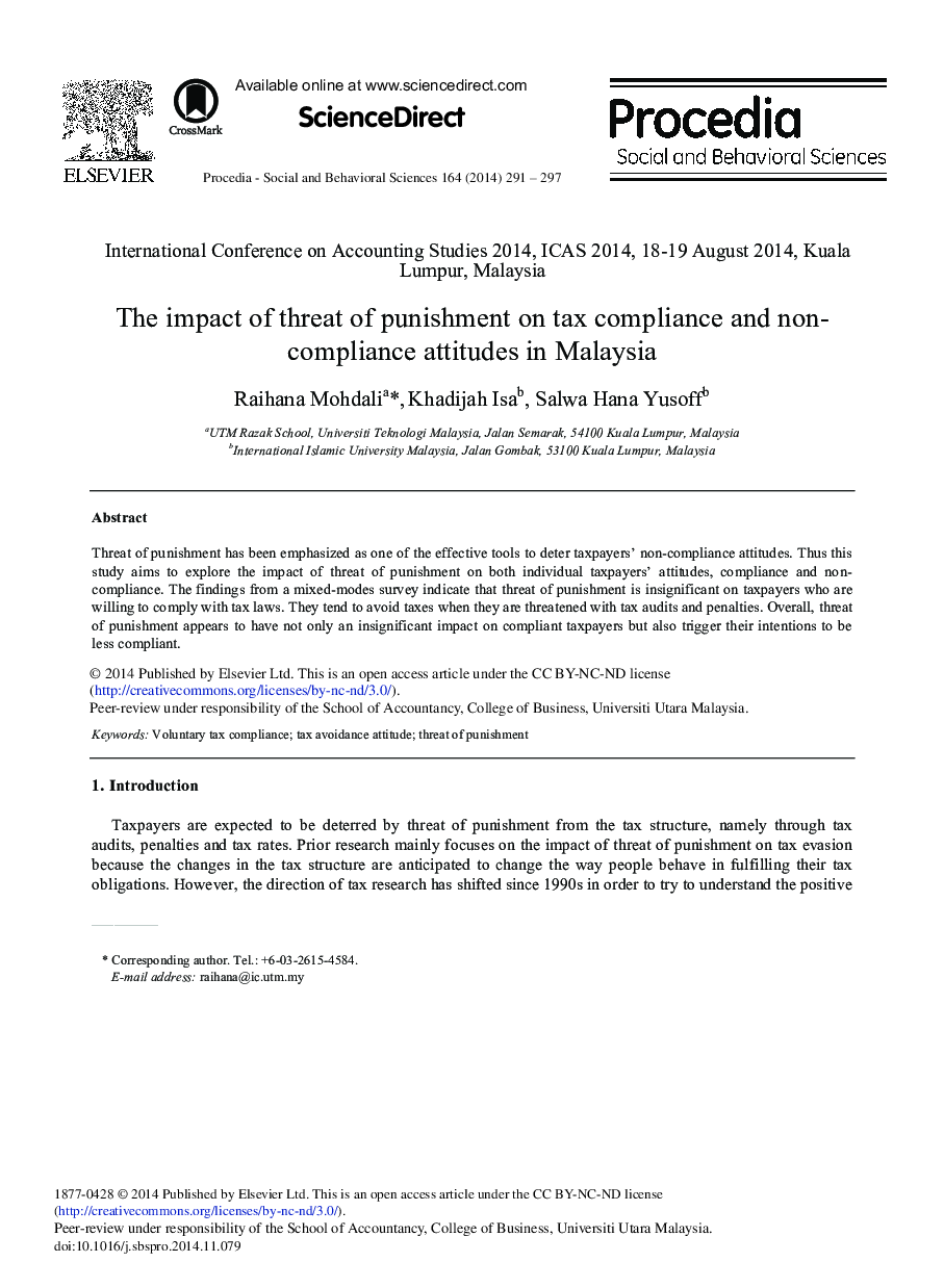 The Impact of Threat of Punishment on Tax Compliance and Non-compliance Attitudes in Malaysia 