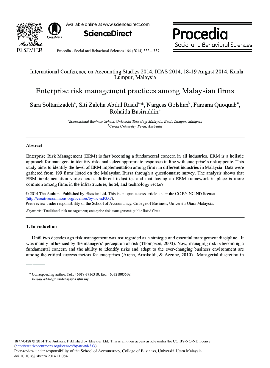 Enterprise Risk Management Practices among Malaysian Firms 