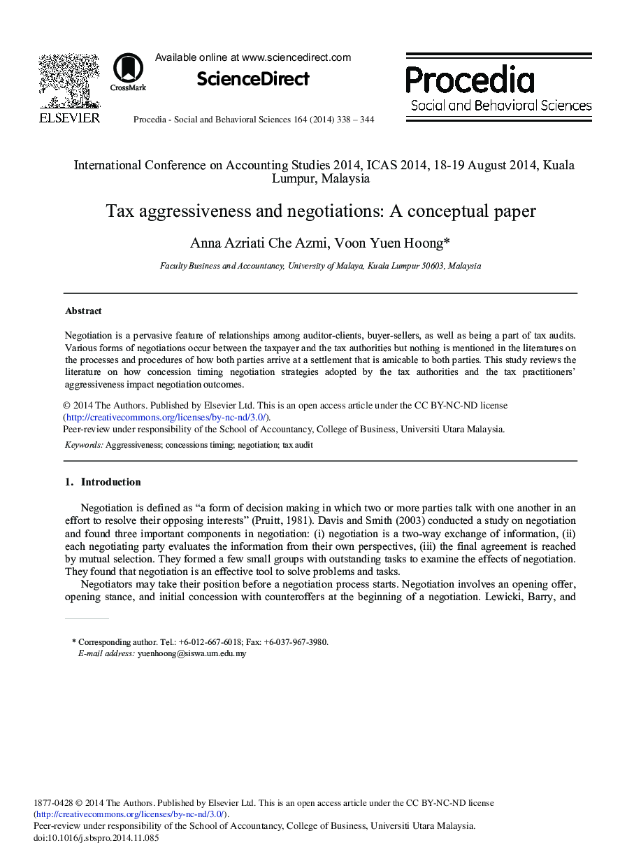 Tax Aggressiveness and Negotiations: A Conceptual Paper 