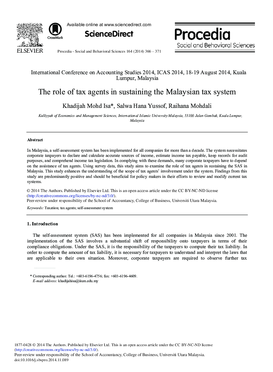 The Role of Tax Agents in Sustaining the Malaysian Tax System 