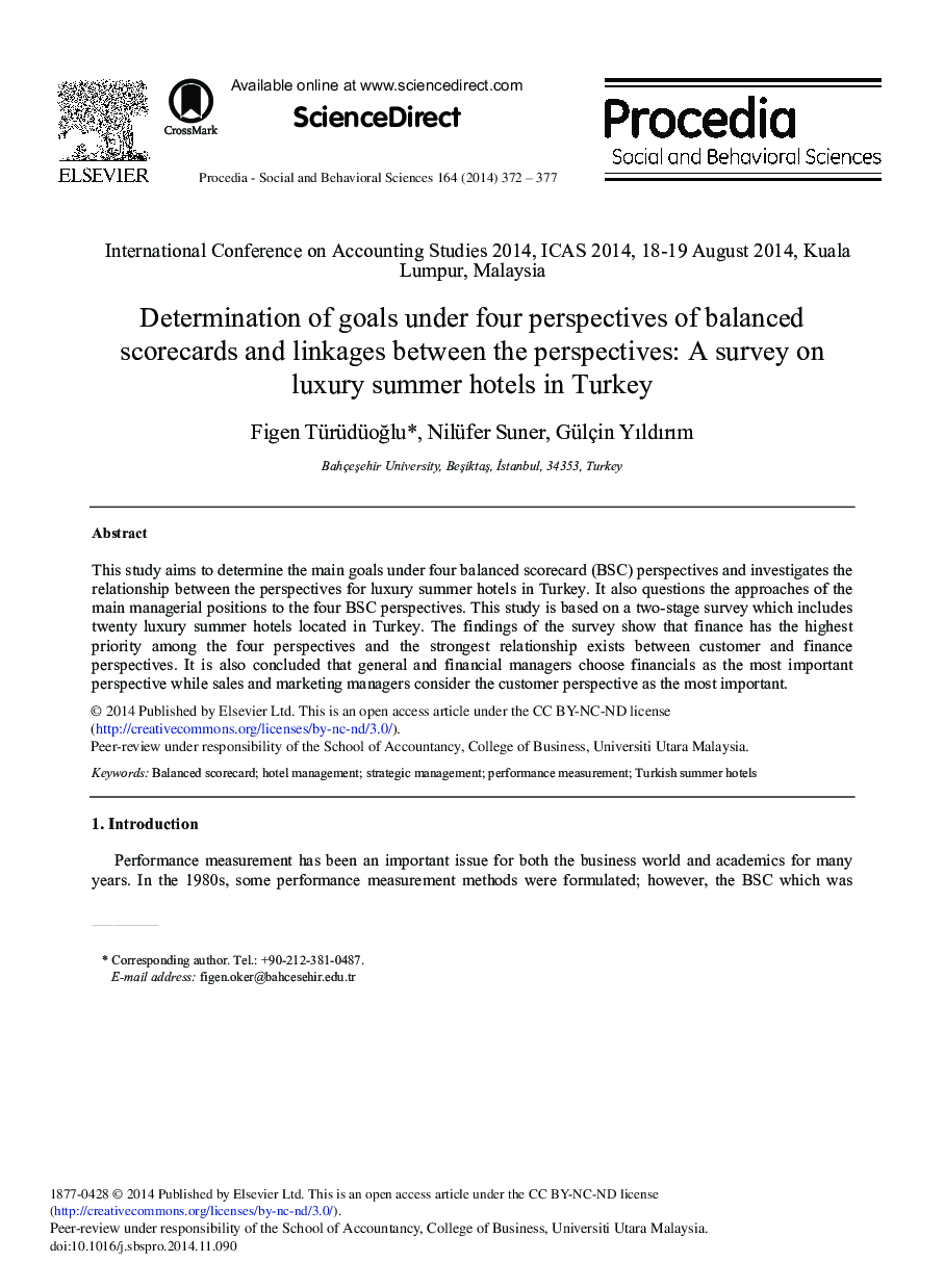 Determination of Goals under Four Perspectives of Balanced Scorecards and Linkages between the Perspectives: A Survey on Luxury Summer Hotels in Turkey 