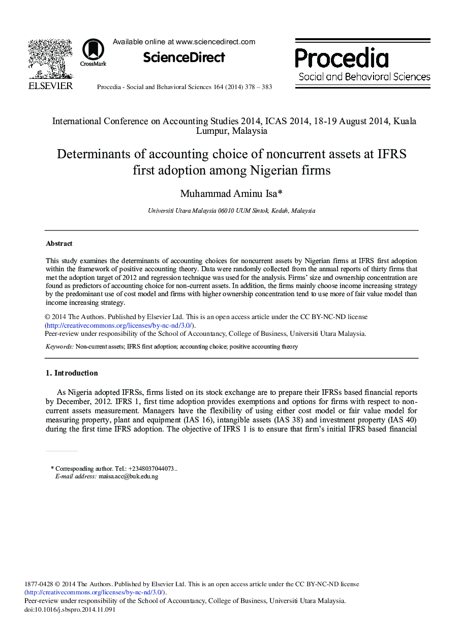 Determinants of Accounting Choice of Noncurrent Assets at IFRS First Adoption Among Nigerian Firms 