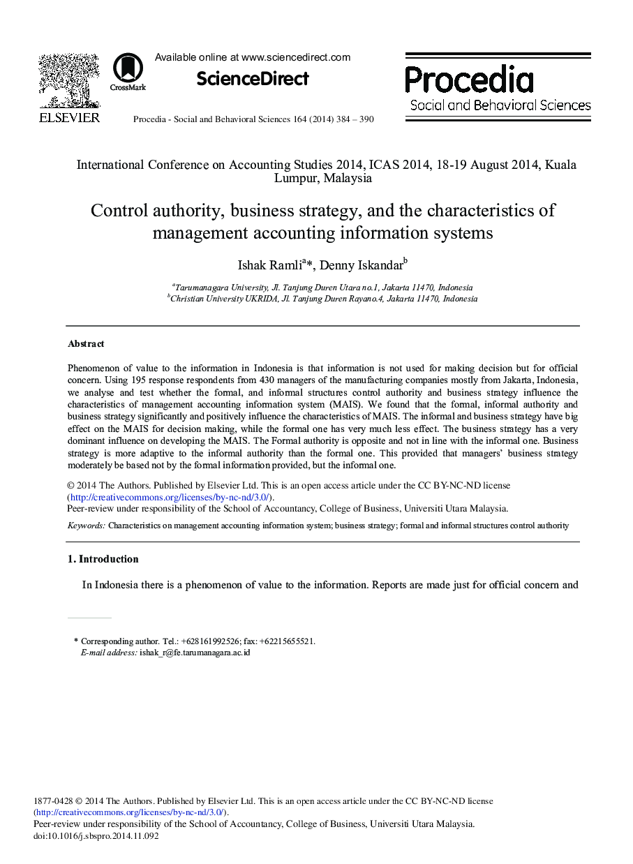 Control Authority, Business Strategy, and the Characteristics of Management Accounting Information Systems 