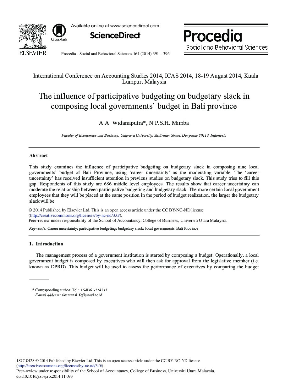 The Influence of Participative Budgeting on Budgetary Slack in Composing Local Governments’ Budget in Bali Province 