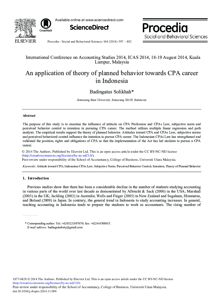 An Application of Theory of Planned Behavior towards CPA Career in Indonesia 