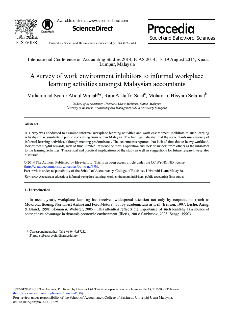 A Survey of Work Environment Inhibitors to Informal Workplace Learning Activities Amongst Malaysian Accountants 