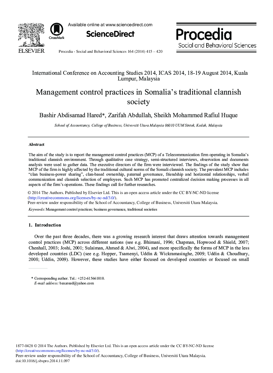 Management Control Practices in Somalia's Traditional Clannish Society 