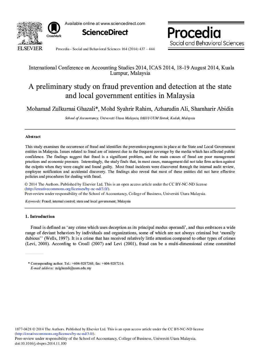 A Preliminary Study on Fraud Prevention and Detection at the State and Local Government Entities in Malaysia 