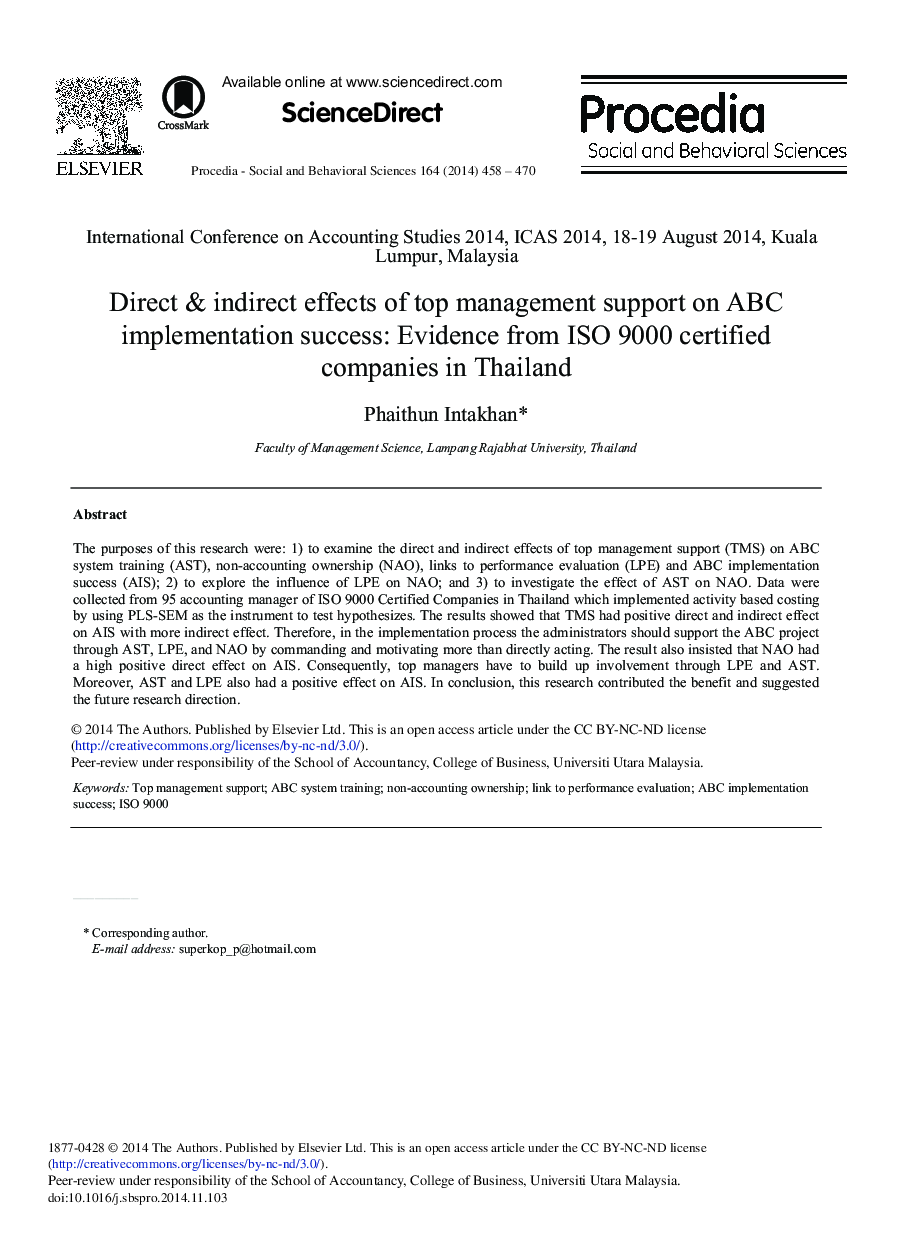 Direct & Indirect Effects of Top Management Support on ABC Implementation Success: Evidence from ISO 9000 Certified Companies in Thailand 