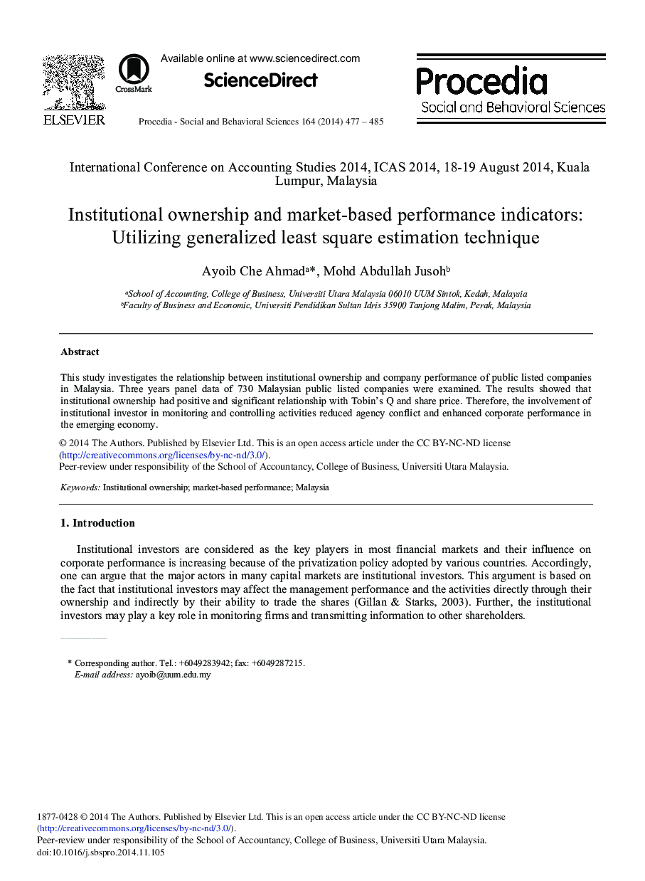 Institutional Ownership and Market-based Performance Indicators: Utilizing Generalized Least Square Estimation Technique 