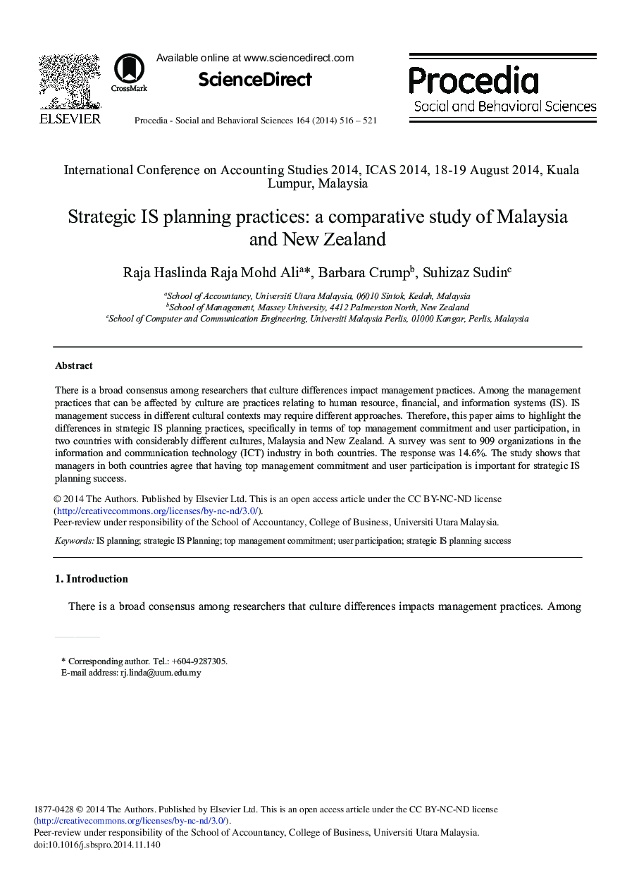 Strategic IS Planning Practices: A Comparative Study of Malaysia and New Zealand 