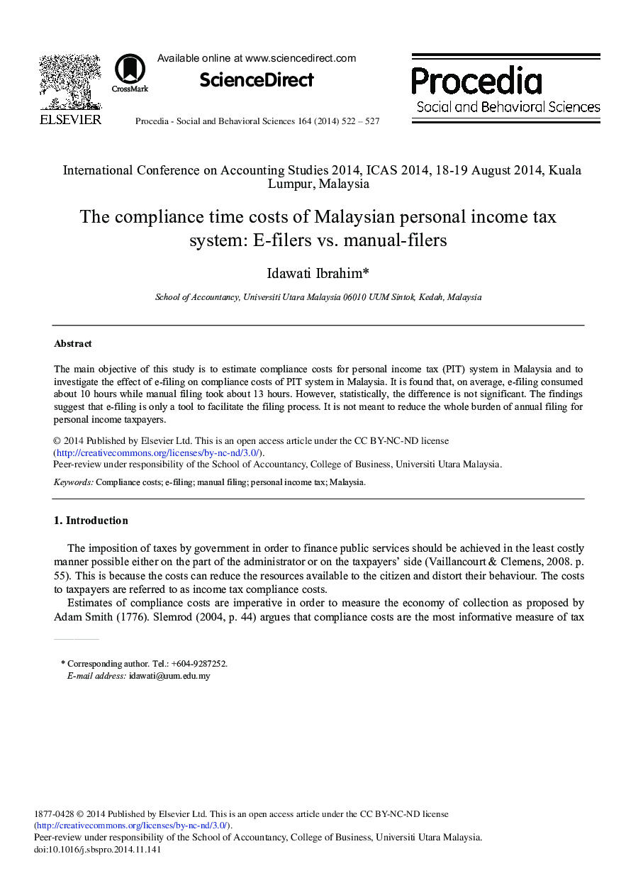 The Compliance Time Costs of Malaysian Personal Income Tax System: E-filers vs. Manual-filers 