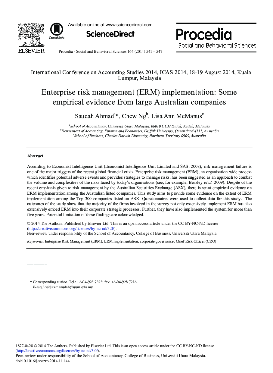 Enterprise Risk Management (ERM) Implementation: Some Empirical Evidence from Large Australian Companies 