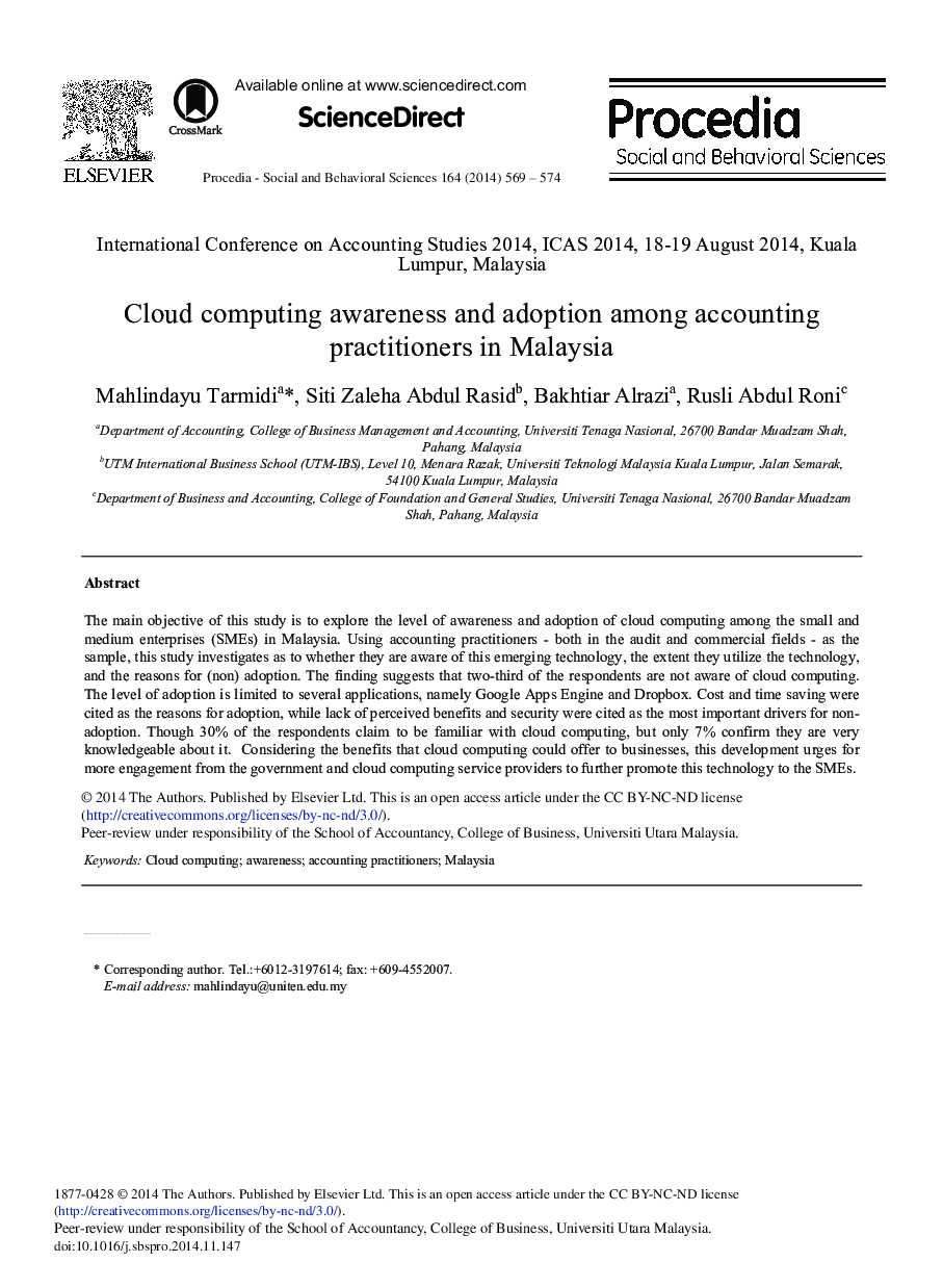 Cloud Computing Awareness and Adoption among Accounting Practitioners in Malaysia 