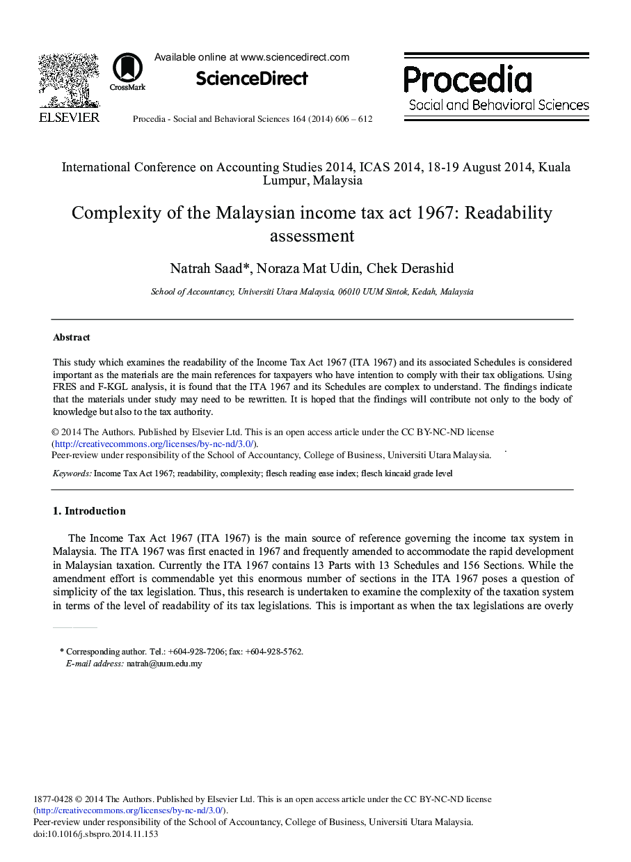 Complexity of the Malaysian Income Tax Act 1967: Readability Assessment