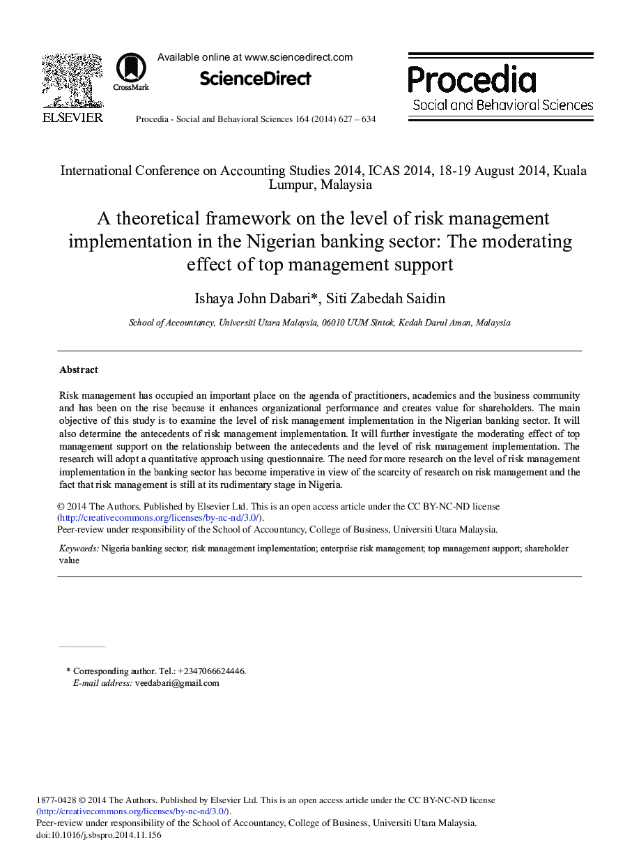 A Theoretical Framework on the Level of Risk Management Implementation in the Nigerian Banking Sector: The Moderating Effect of Top Management Support 