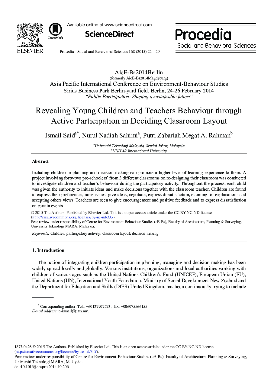 Revealing Young Children and Teachers Behaviour through Active Participation in Deciding Classroom Layout 