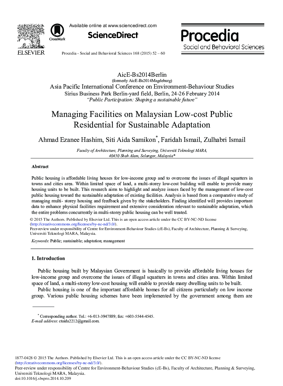 Managing Facilities on Malaysian Low-cost Public Residential for Sustainable Adaptation 