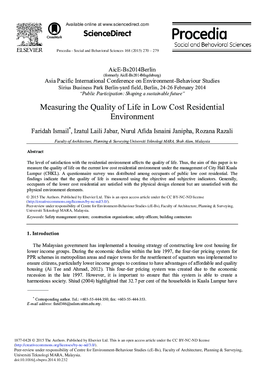 Measuring the Quality of Life in Low Cost Residential Environment 