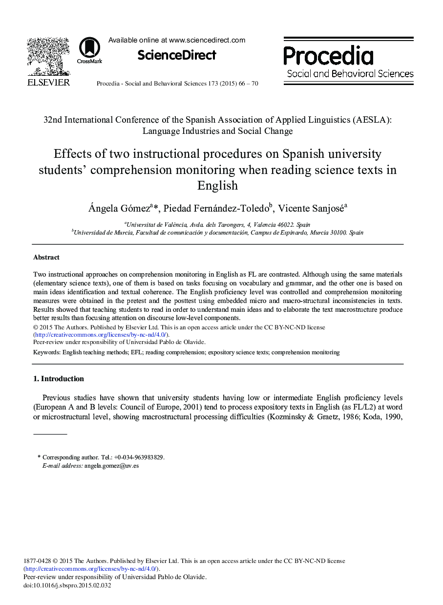 Effects of Two Instructional Procedures on Spanish University Students’ Comprehension Monitoring when Reading Science Texts in English 