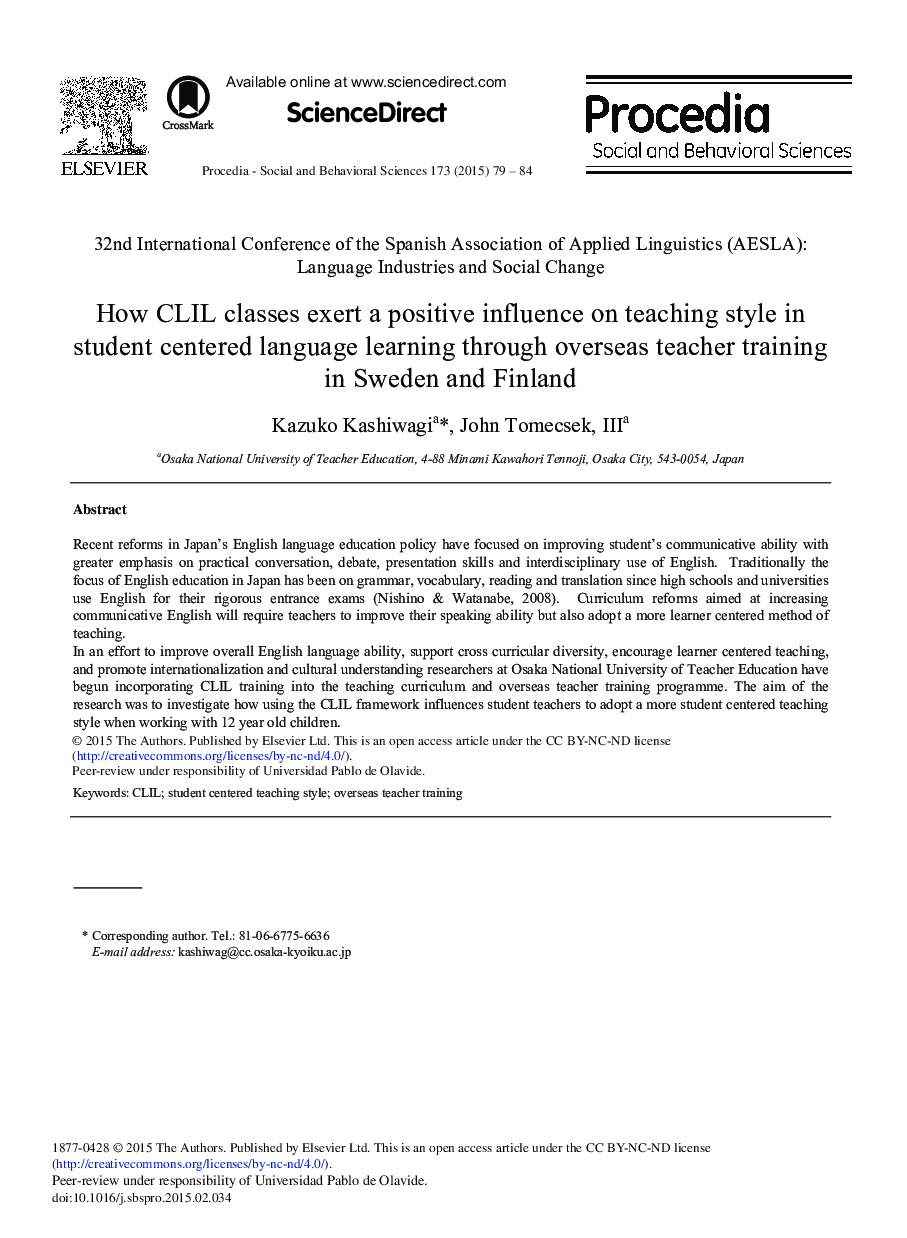 How CLIL Classes Exert a Positive Influence on Teaching Style in Student Centered Language Learning Through Overseas Teacher Training in Sweden and Finland 