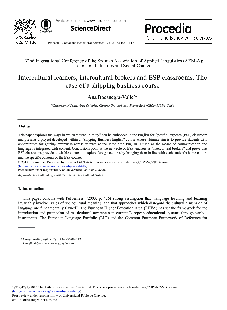 Intercultural Learners, Intercultural Brokers and ESP Classrooms: The Case of a Shipping Business Course 