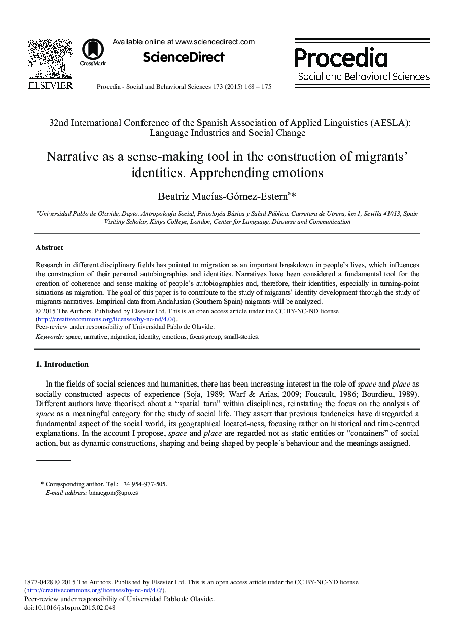 Narrative as a Sense-making Tool in the Construction of Migrants’ Identities. Apprehending Emotions 