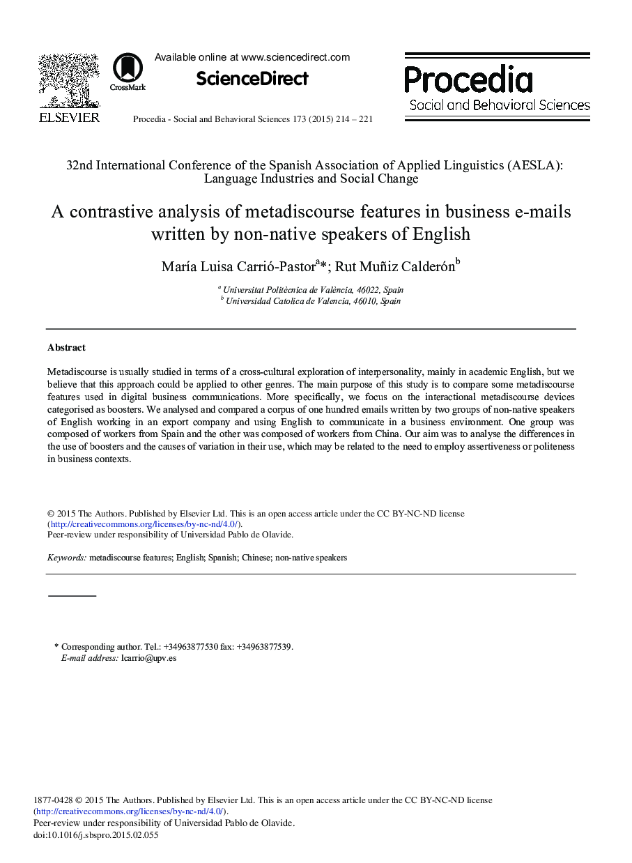 A Contrastive Analysis of Metadiscourse Features in Business e-mails Written by Non-native Speakers of English 