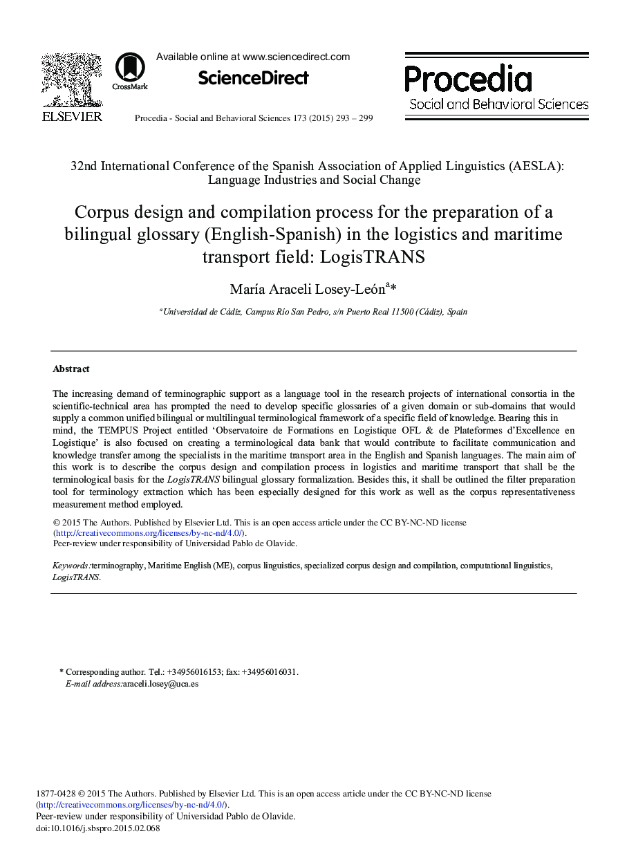 Corpus Design and Compilation Process for the Preparation of a Bilingual Glossary (English-Spanish) in the Logistics and Maritime Transport Field: LogisTRANS 