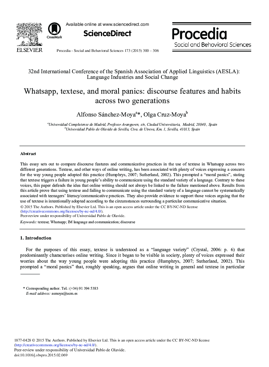 Whatsapp, Textese, and Moral Panics: Discourse Features and Habits Across Two Generations 