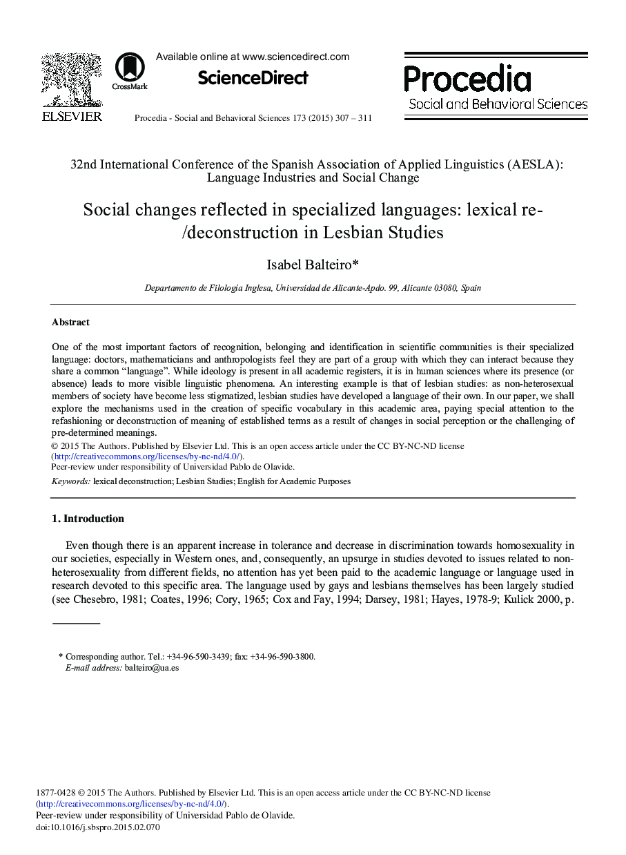 Social Changes Reflected in Specialized Languages: Lexical Re-/deconstruction in Lesbian Studies 