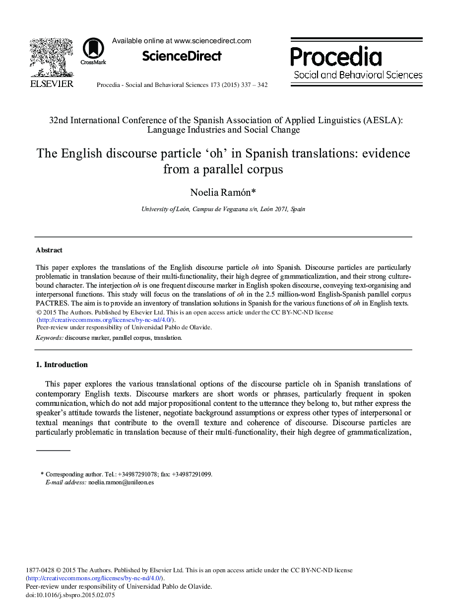 The English Discourse Particle ‘oh’ in Spanish Translations: Evidence from a Parallel Corpus 