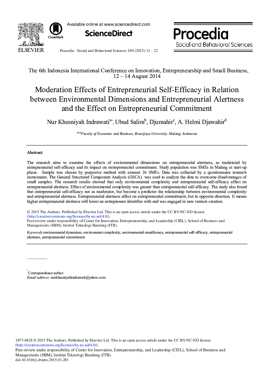 Moderation Effects of Entrepreneurial Self-efficacy in Relation between Environmental Dimensions and Entrepreneurial Alertness and the Effect on Entrepreneurial Commitment 